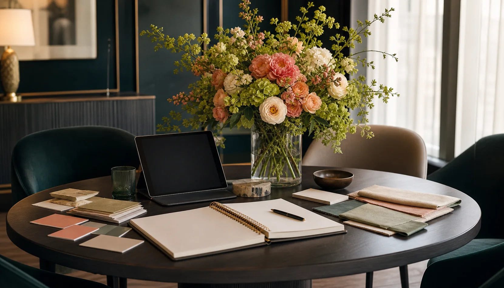 Private planning table set for a corporate floral consultation