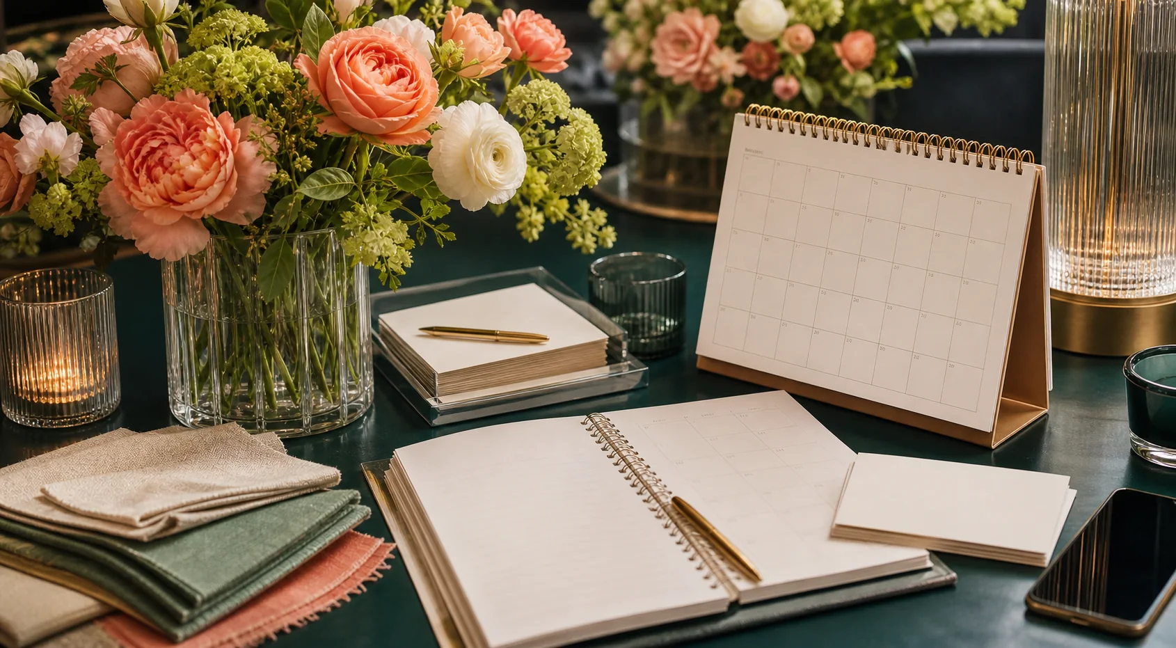 Event calendar and appointment materials beside fresh Bloomline floral samples