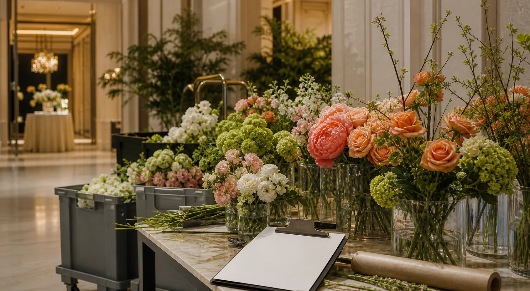 Floral load-in preparation with arrangements ready for event timing