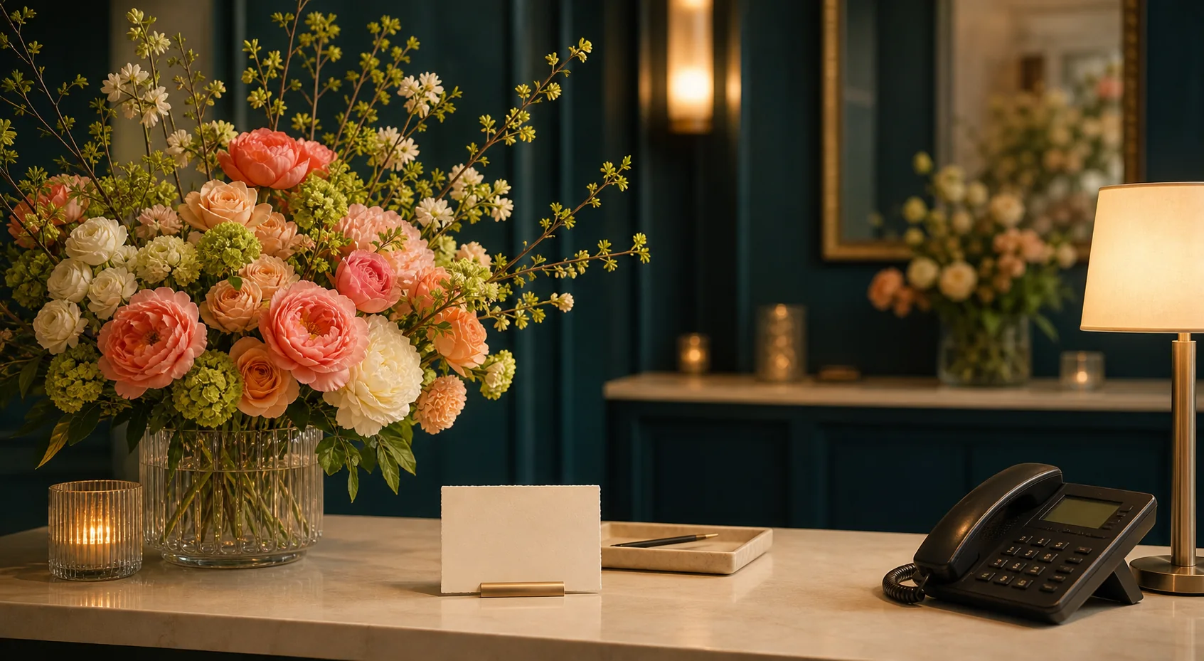 Bloomline studio reception desk with floral arrangement and contact materials