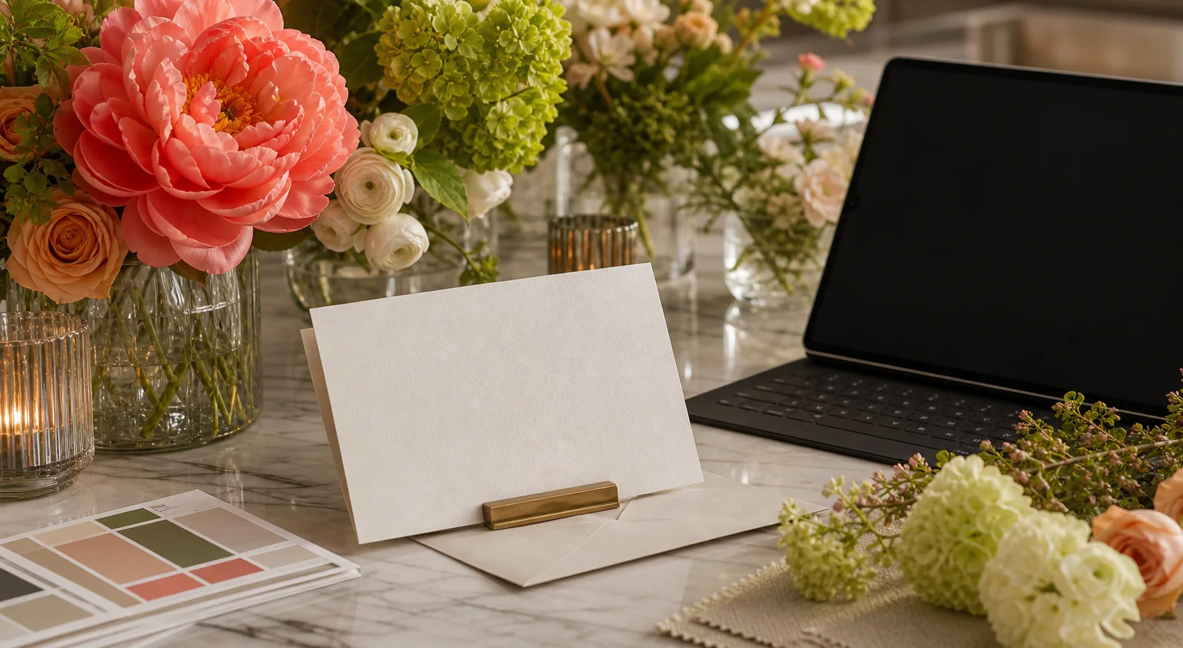 Inquiry card and floral samples arranged on a polished consultation table