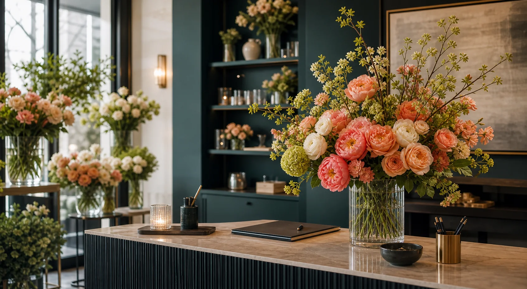Boutique floral studio entry with fresh arrangements and refined service counter