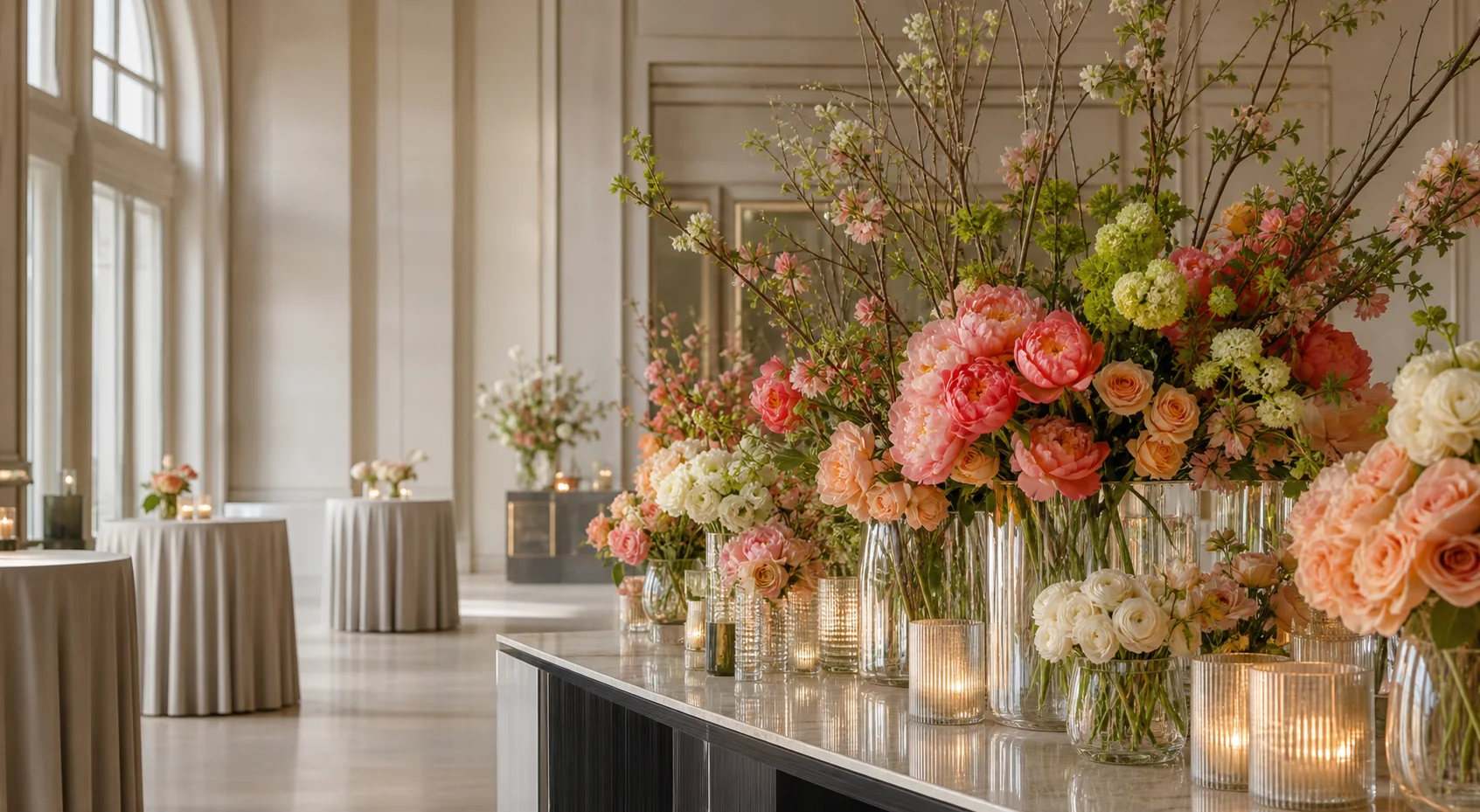 Polished corporate floral installation in an elegant event room