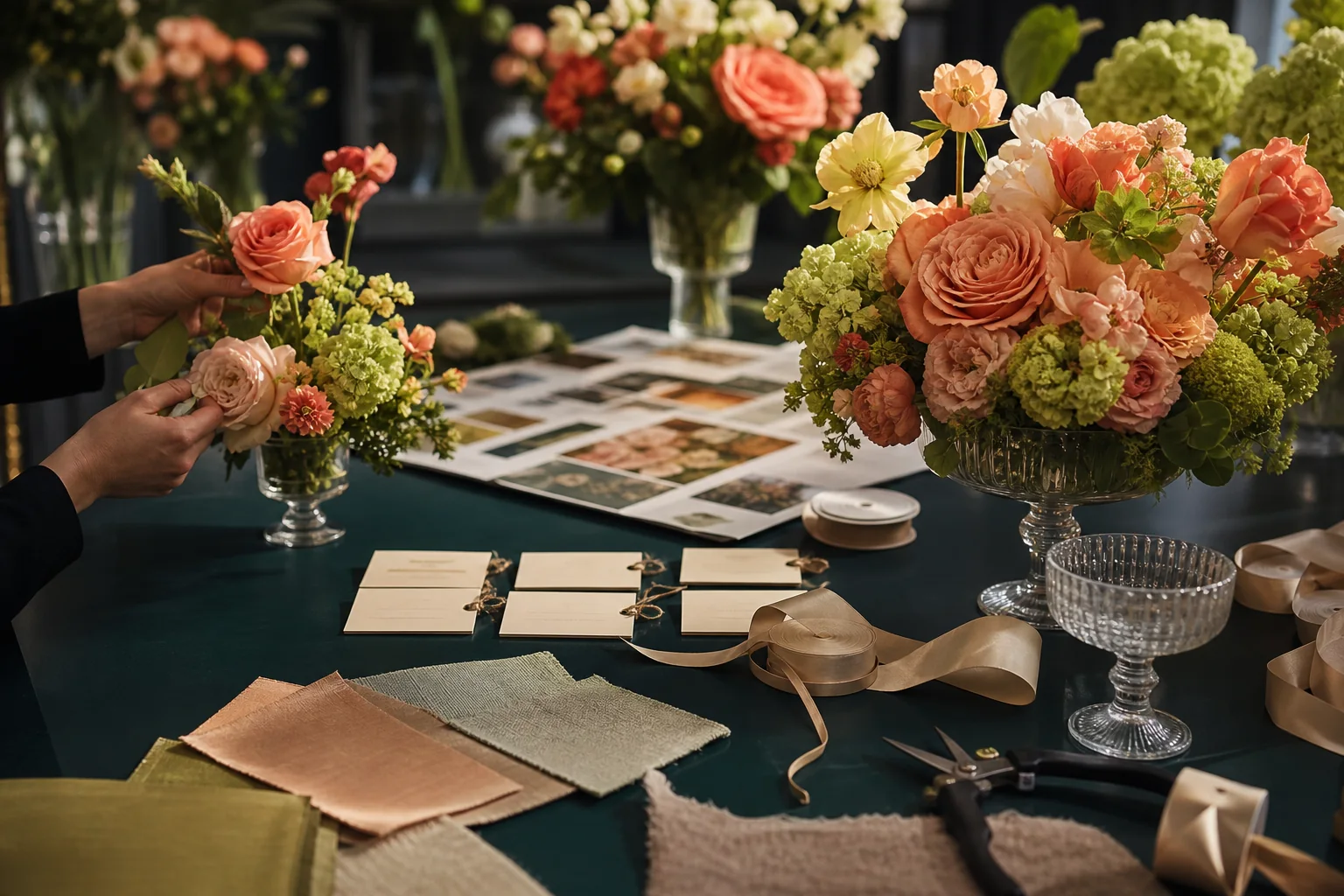 Bloomline floral design table with coral blooms and planning materials