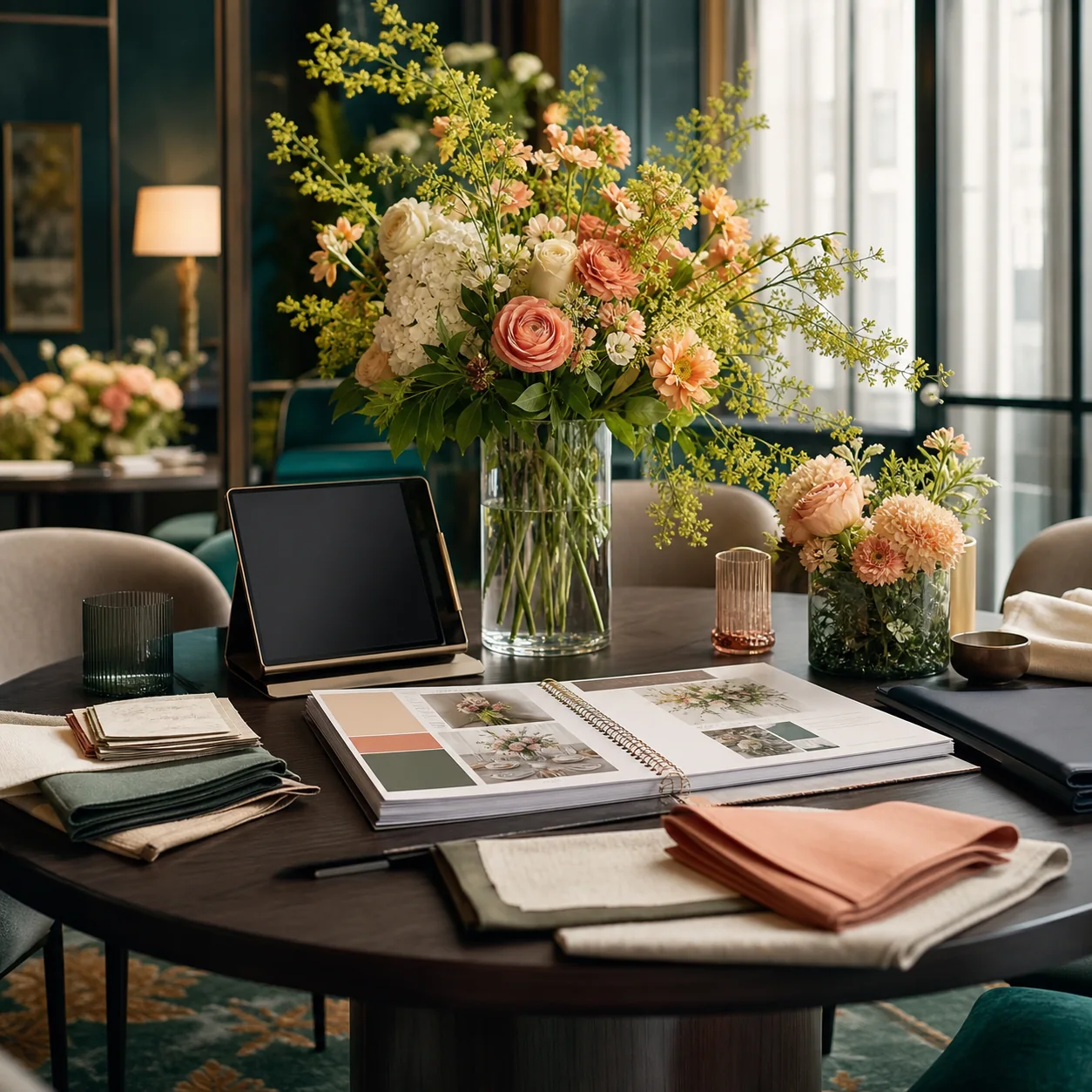 Corporate floral consultation table with fresh arrangements and event samples