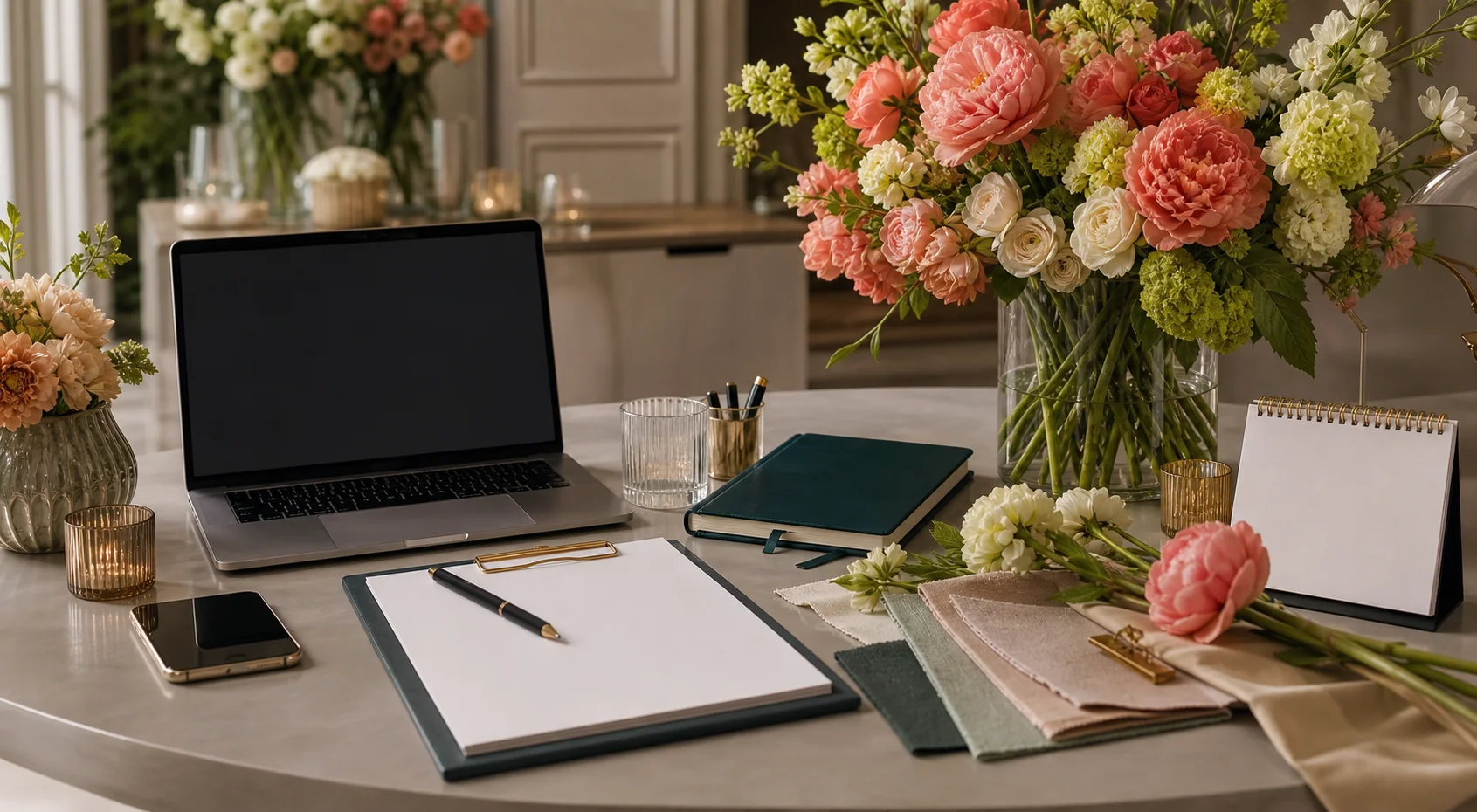 Service request desk with florals, blank planning form, and event materials