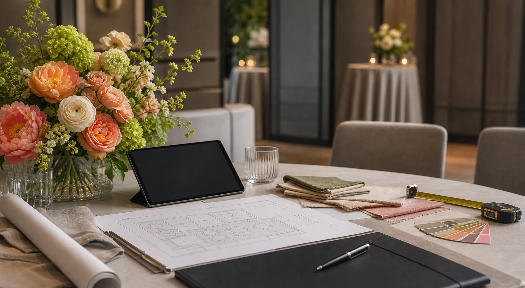 Venue planning table with floral samples, blank floor plan sheets, and measurement tools