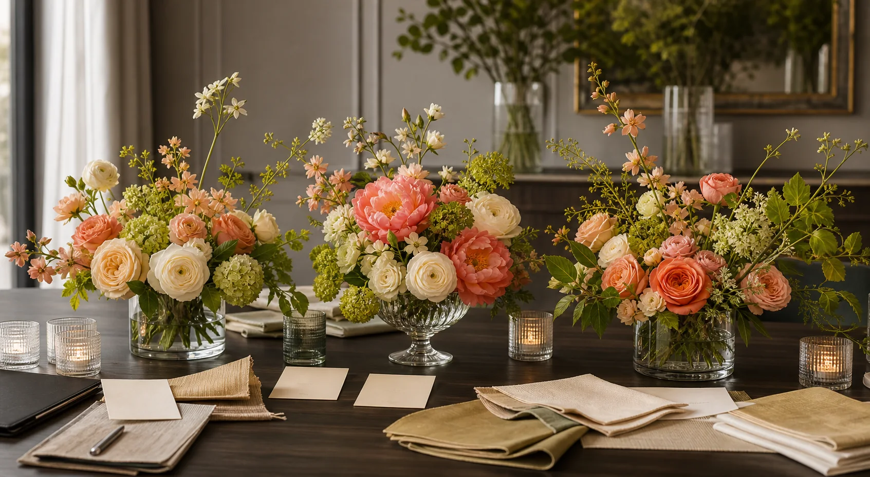 Three refined floral service samples arranged for a client request conversation
