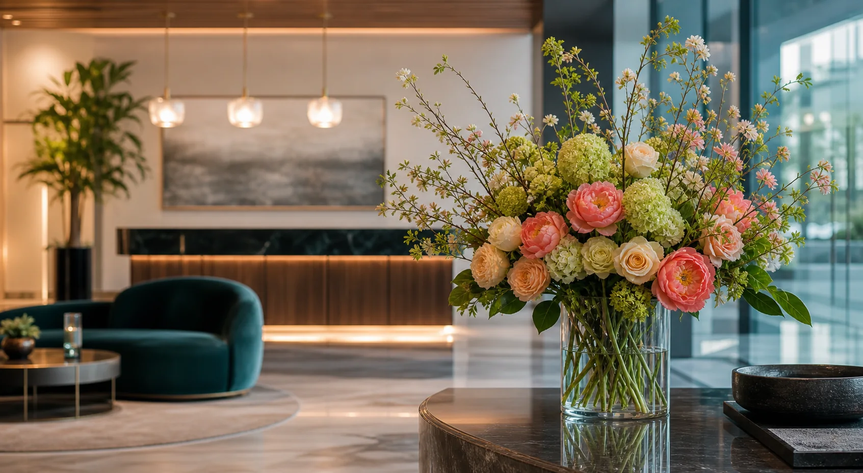 Modern business lobby with a refined Bloomline floral arrangement