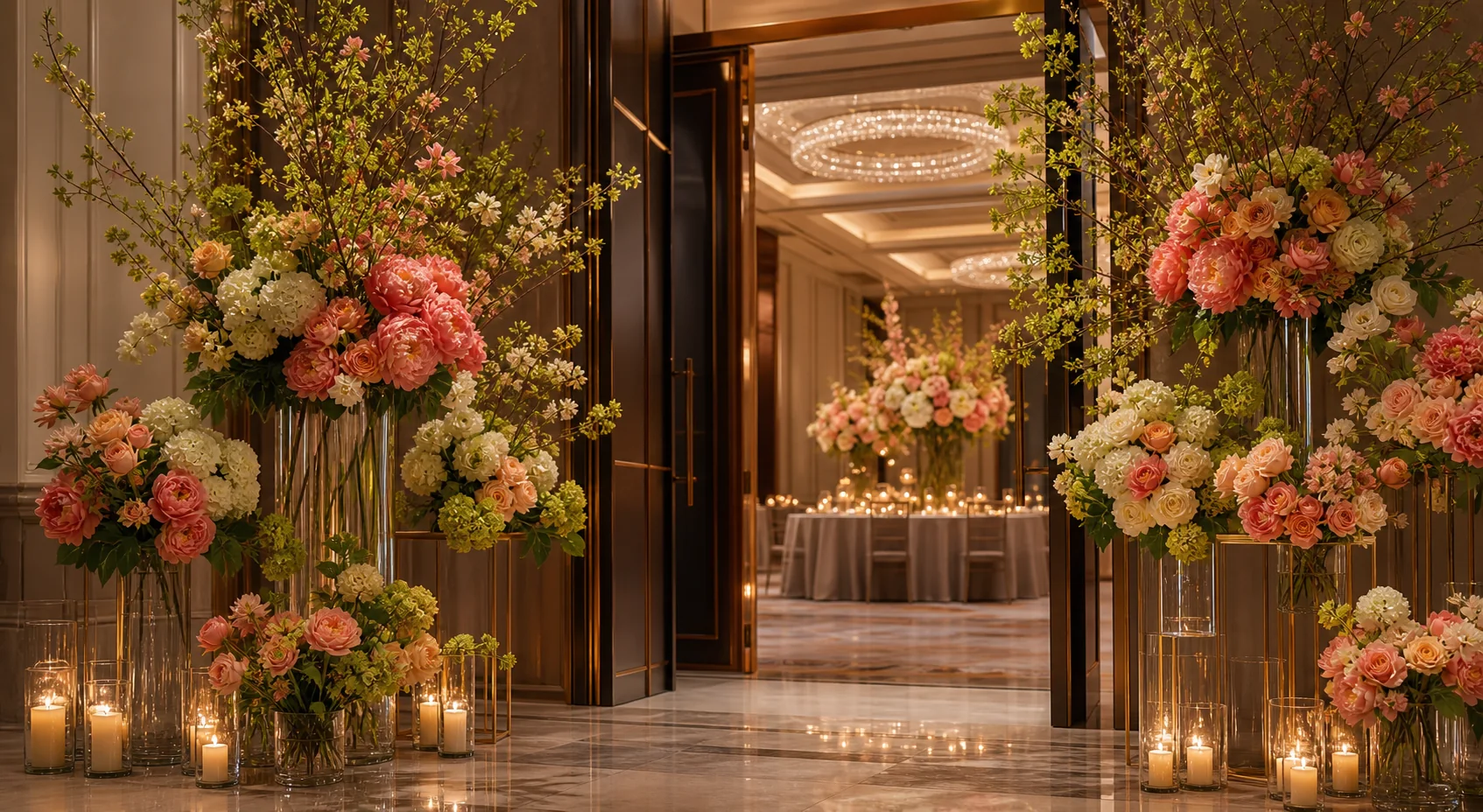 Tall gala floral installation framing an elegant event entrance