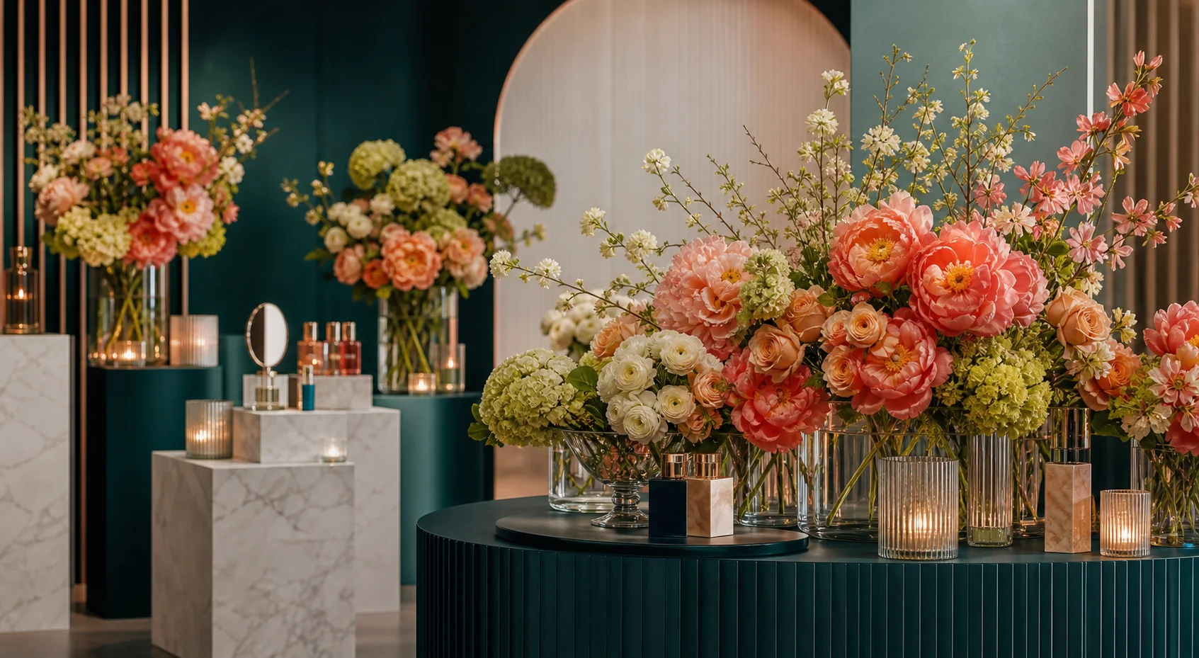 Corporate brand activation styled with sculptural coral and cream florals